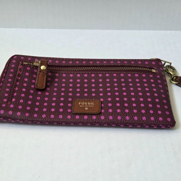 Fossil Wallet Wristlet Purple Pink Polka Dot Zip Around PVC Leather Boho Travel - Picture 7 of 8
